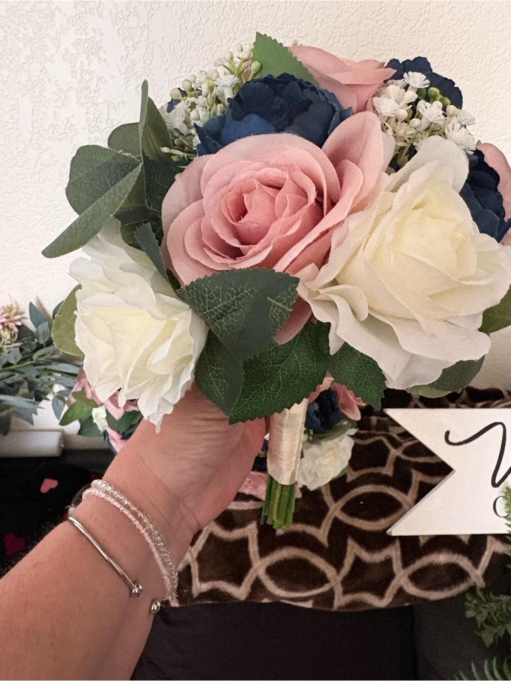Artificial Rose Bouquet - Pink, White & Navy Floral Arrangement